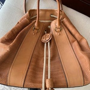 Tory Burch tobacco leather woven drawstring bag